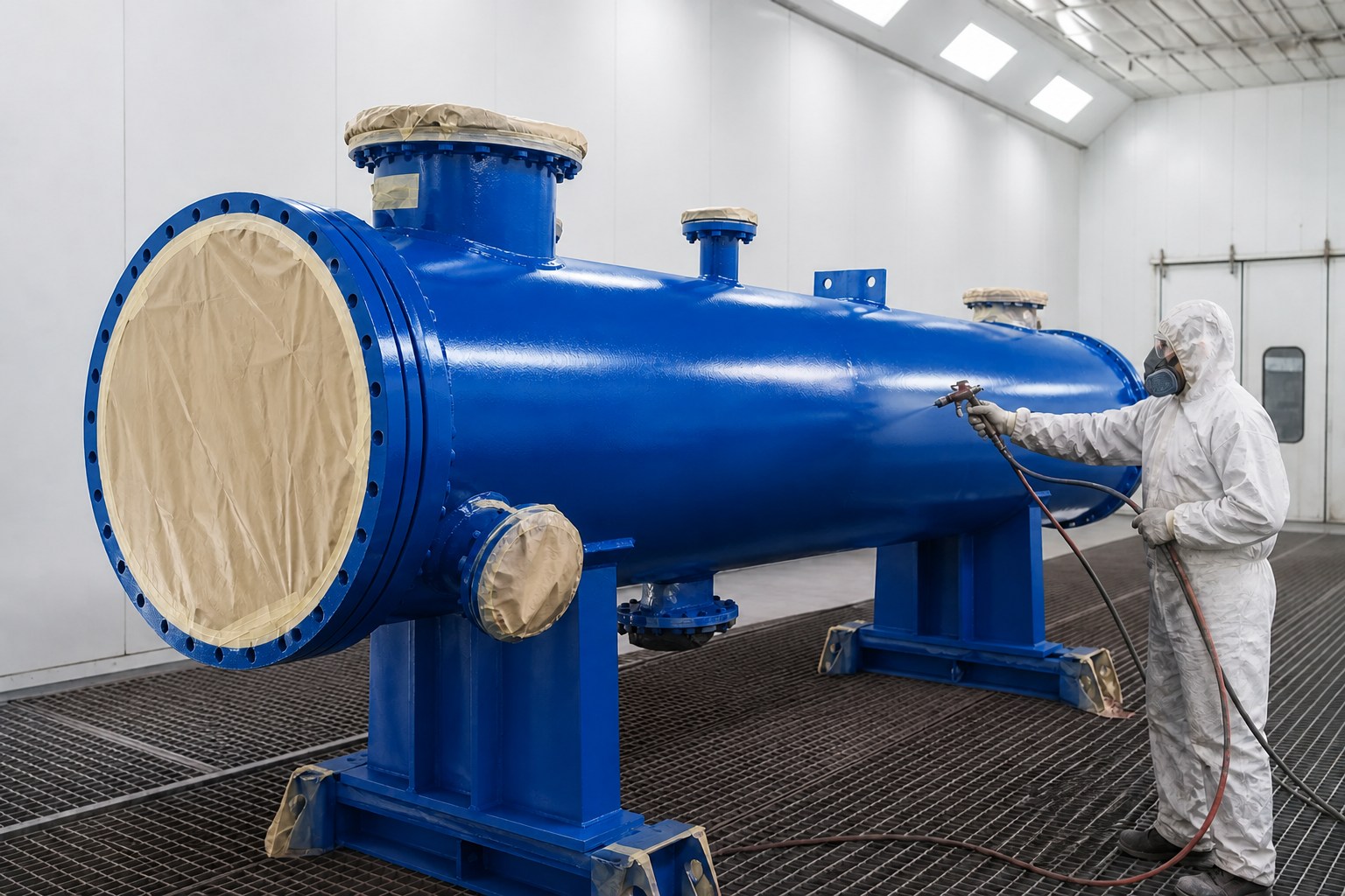 Industrial heat exchanger receiving vibrant cobalt-blue protective coating inside a controlled painting booth